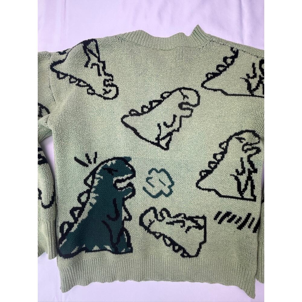 Green Dinosaur Cartoon Knit Sweater Unisex Small Crewneck Graphic Pullover - Picture 10 of 11